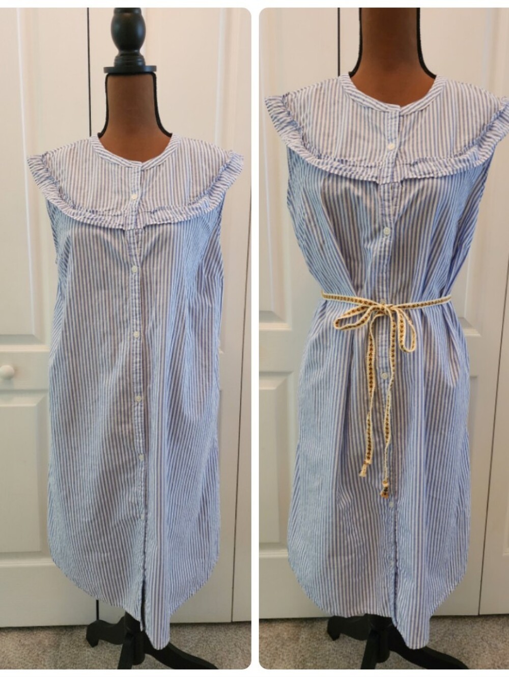 Coastal Fishermancore Striped Blue & White Button-Front Sleeveless Shirt Dress